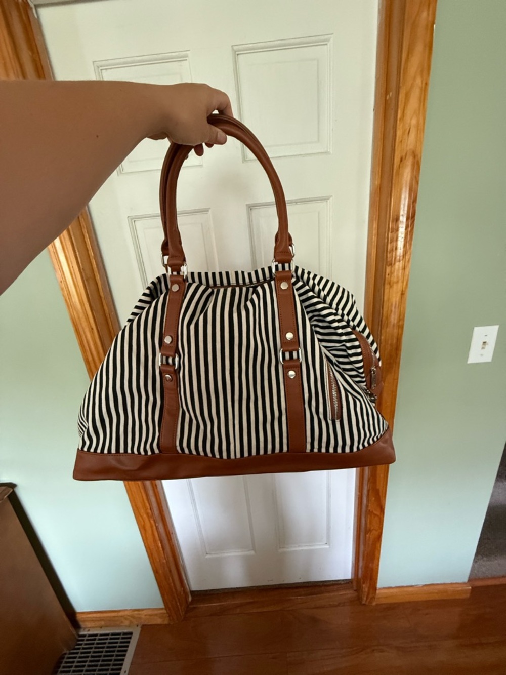 Black & White Striped Travel Bag - Canvas Tote with Brown Trim